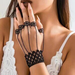 Black Metallic Lace Bracelet With Attached Finger Rings, Goth, Halloween